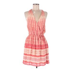 Abbeline Rayon Faux Wrap Dress Size M Deep V-Neck Racer Back Pink Red Design